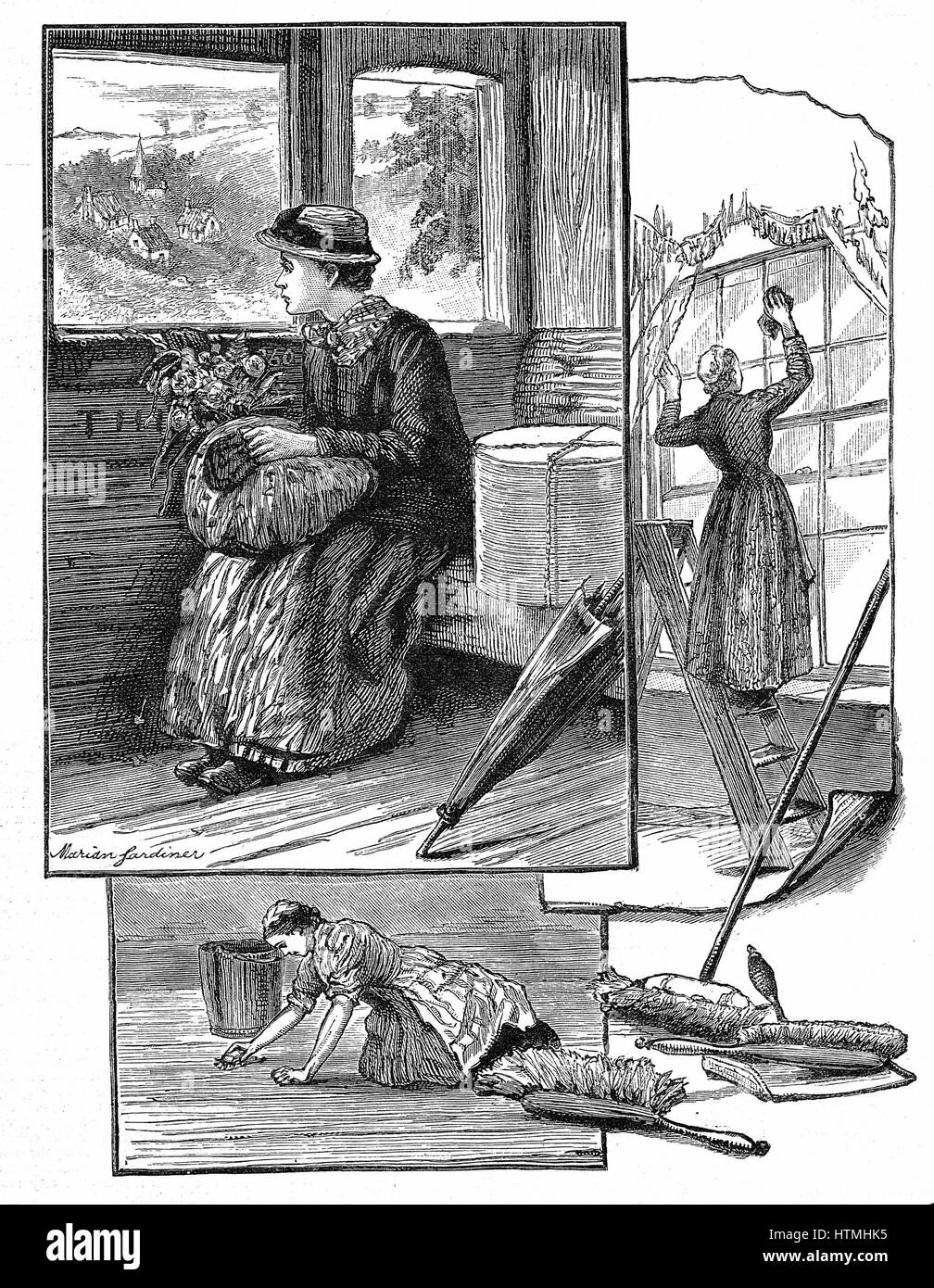 A country girl in railway carriage leaving home for the first time to go 'into service' as a maid in a city. Illustrated are some of her coming tasks such as scrubbing floors and cleaning windows. Illustration by Marian Gardiner. Wood engraving 1884 Stock Photo