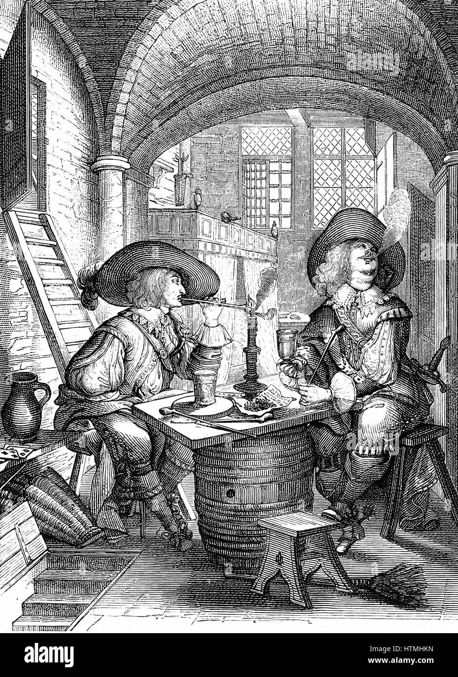 Officers drinking and smoking clay pipes In left background is curtained bed. From engraving entitled 'Le Tabac' by Abraham Bosse (1602-1726) after Jean de Saint-Igny (d1649) Stock Photo