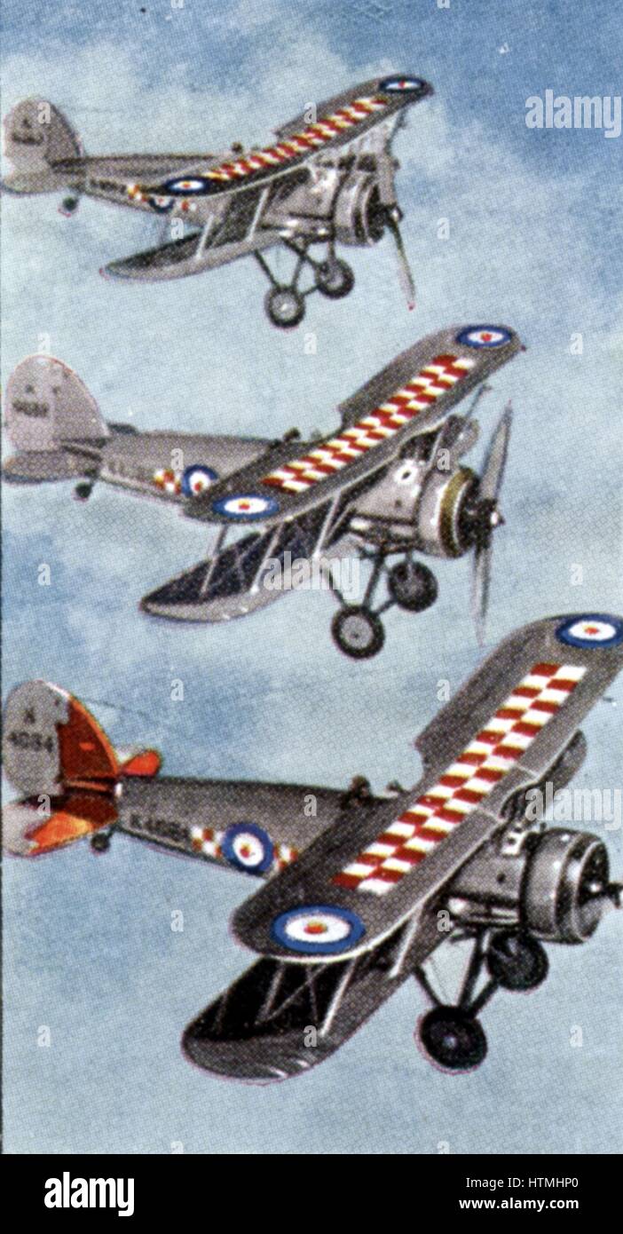 'Air Raid Precautions': Set of 50 cards issued by WD & H0 Wills, Britain 1938, in preparation for the anticipated coming of World War II. Gloucester Gauntlet Interceptor Fighters Stock Photo