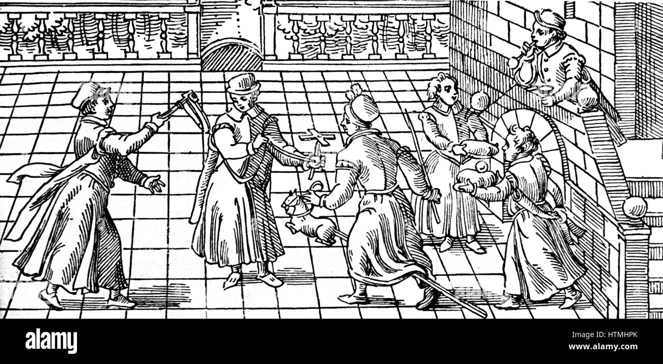 Children's games in the 16th century: from left to right are shown rattle, windmill, hobby-horse, and boy blowing soap bubbles using a reed. Woodcut Stock Photo