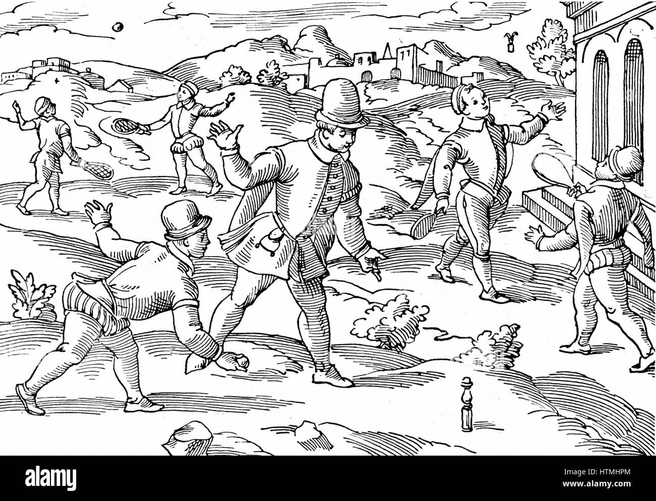 Children's games in 16th century: In foreground boys are playing a form of skittles, on right shuttlecock, left background playing at ball with strung rackets. Woodcut Stock Photo