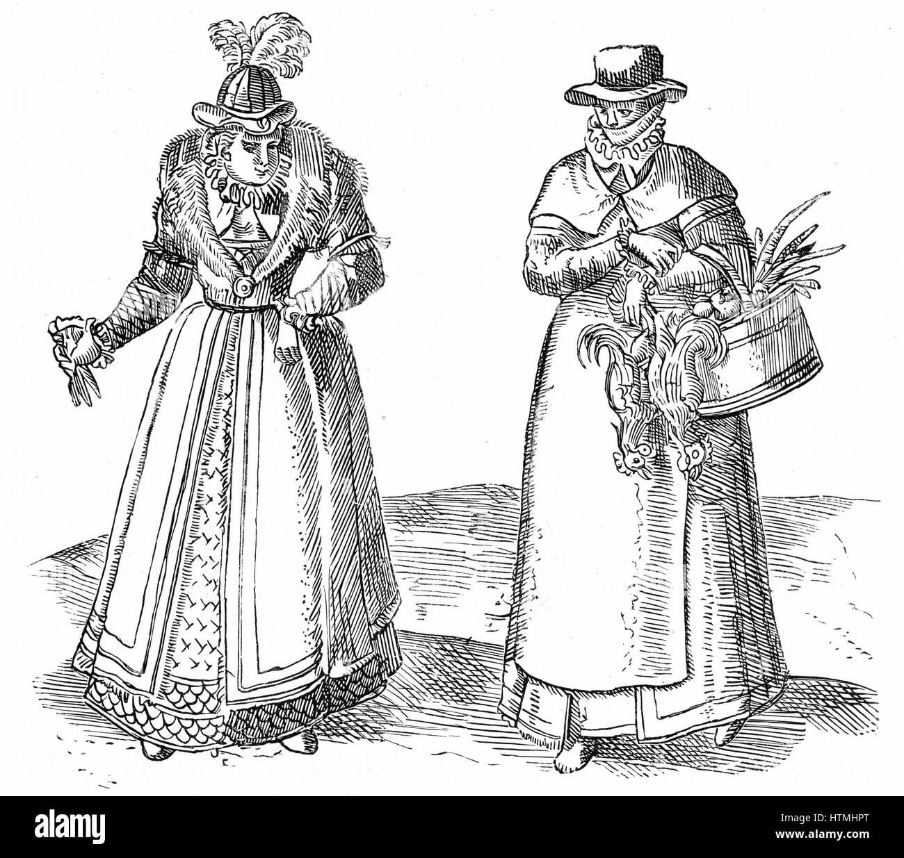 English countrywoman carrying basket of chickens and wearing apron over plain clothes (right). On left is a lady of the Court with fur-trimmed coat over embroidered dress. Sumptuary laws dictated what each caste of society could wear. Engraving from Braun Stock Photo