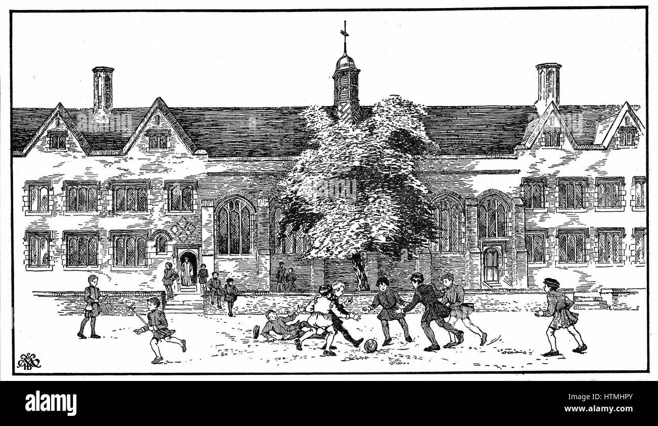 Artist's impression of boys in Tudor times playing football at Berkhamsted Grammar School, Hertfordshire. Stock Photo
