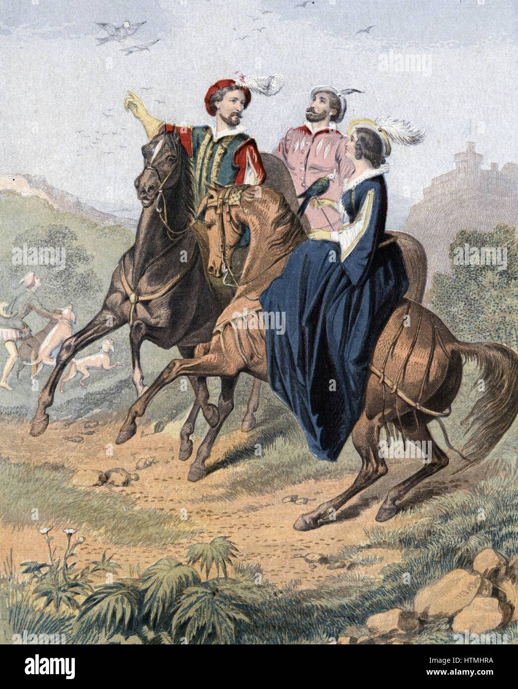 Falconry: artist's impression of late 16th century party out hawking. Woman, with falcon is riding side-saddle. Mid-19th century chromolithograph Stock Photo