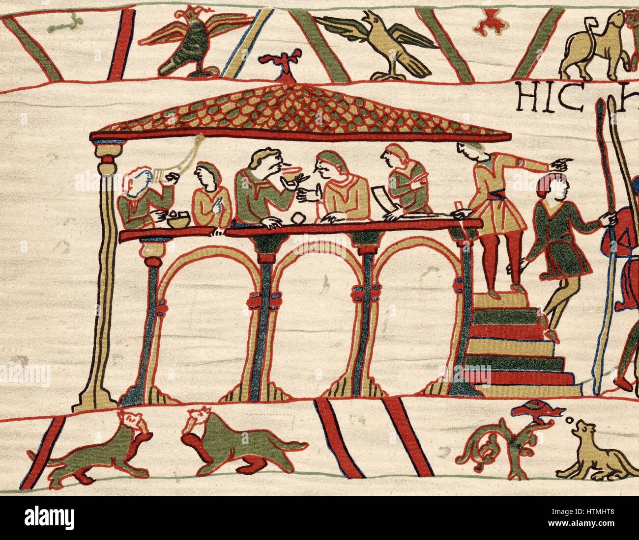 Harold II (c1022-1066) last Anglo-Saxon king of England 1066. Harold and companions feasting. Bayeux Tapestry Stock Photo