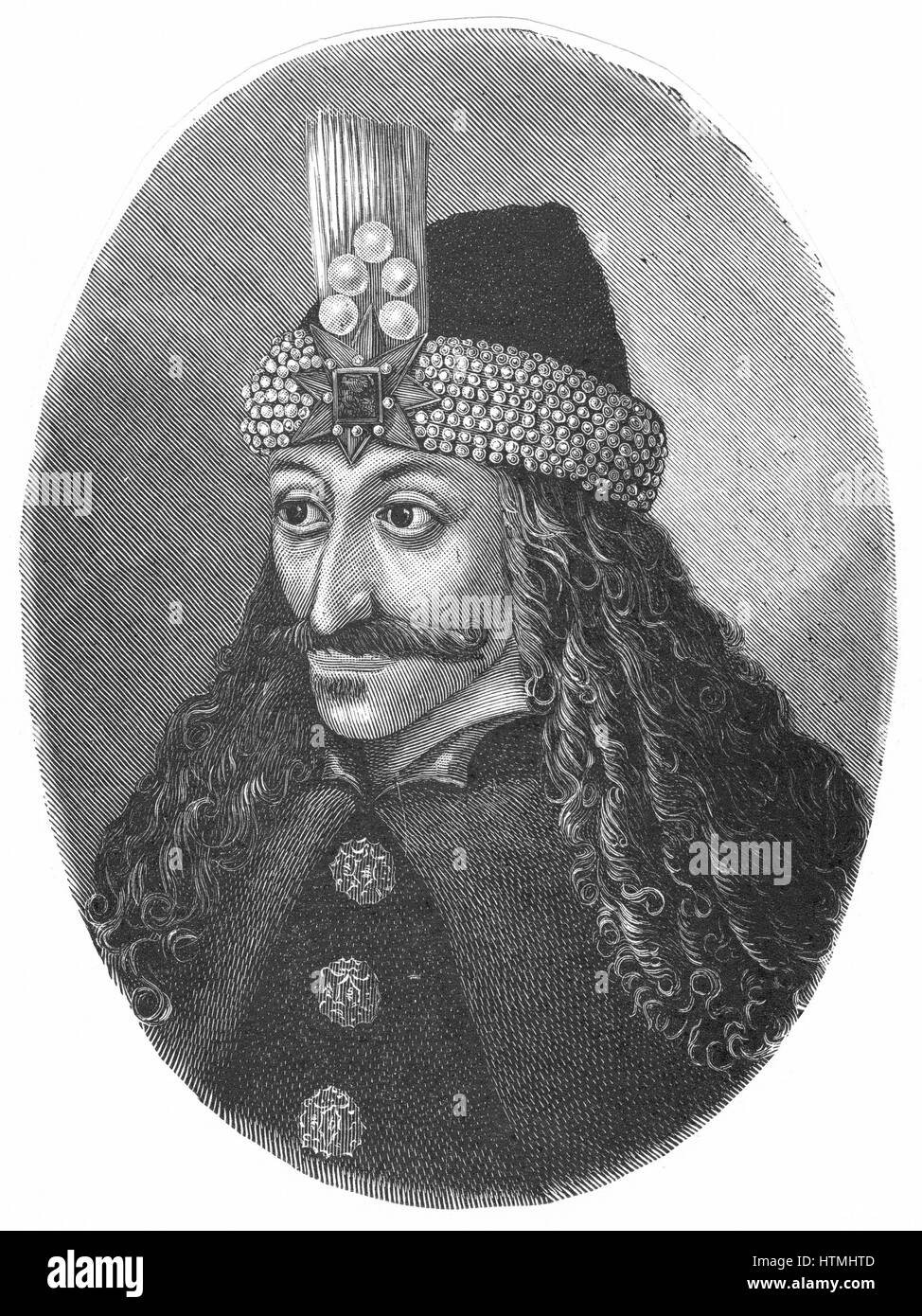 Vlad Tepes (Vlad IV, The Impaler) Ruler of Walachia 1456-62, 1476-77. Apparently the source of the Dracula of Translyvanian legend as Vlad member of Order of the Dragon (dracul). Engraving Stock Photo
