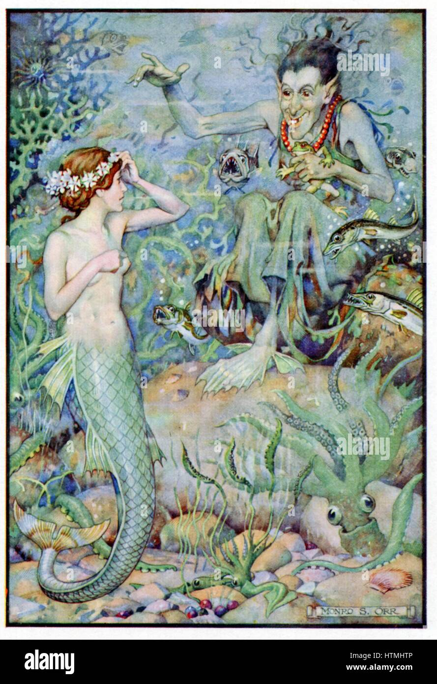 The Little Mermaid visiting the undersea witch for spell to help win love of prince she rescued from shipwreck. Hans Christian Andersen fairy story illustrated by Monro S Orr (b1874) Stock Photo