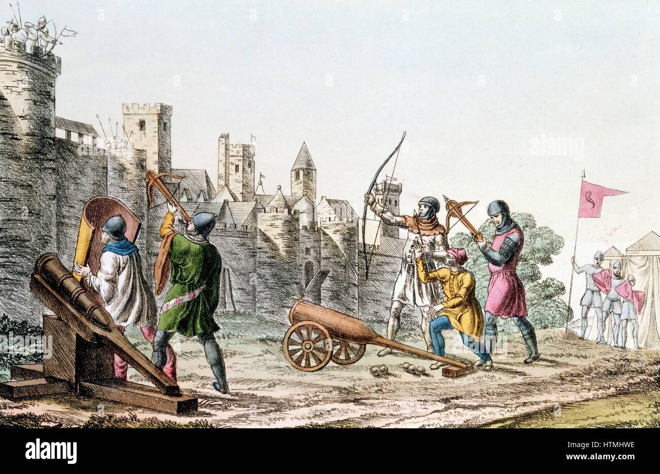 Hundred Years War between France and England. English troops attacking the walls of a French town with early cannon and both longbows and crossbows (1375-1425) Hand-coloured lithograph c1830 Stock Photo