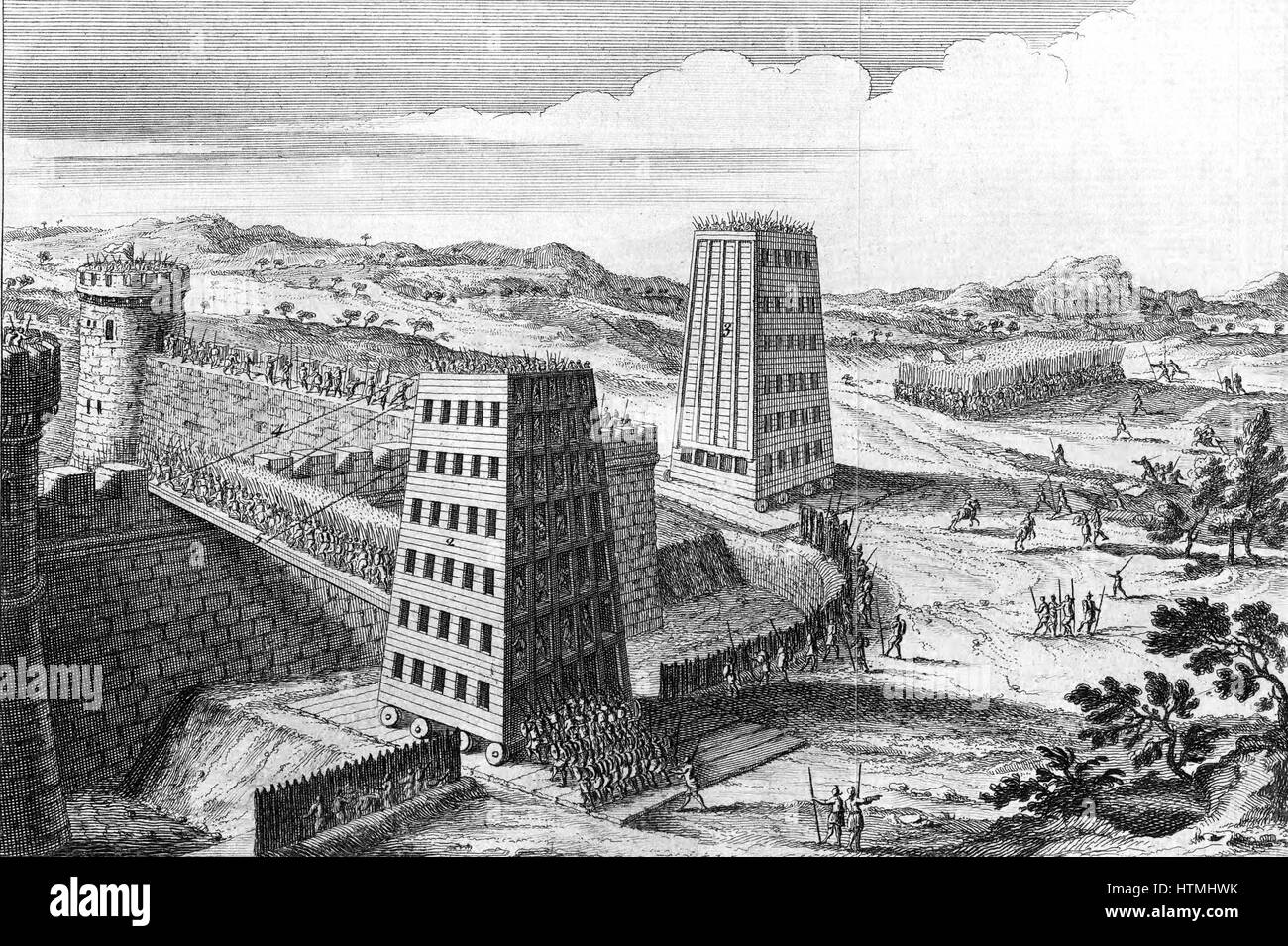 Wheeled siege towers and bridges of type used by Frederick II of Germany, Holy Roman Emperor for successful siege of Jerusalem (1229) ending 6th Crusade and 10 years truce. 18th century engraving Stock Photo