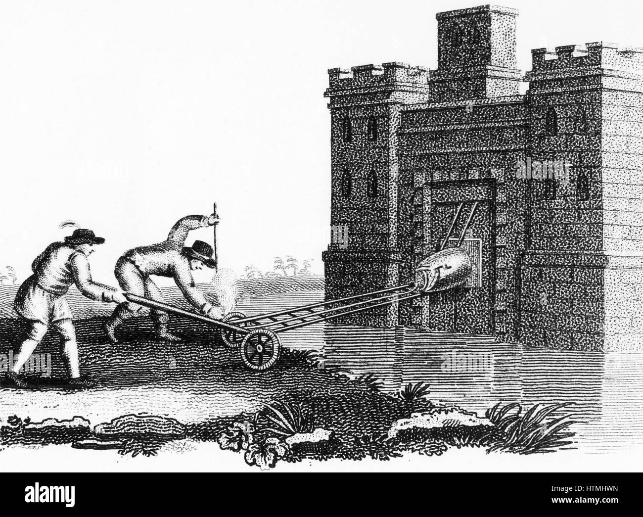 Method of fixing petard (explosive device) to fortress gateway when protected by moat. Stipple engraving c1800 Stock Photo