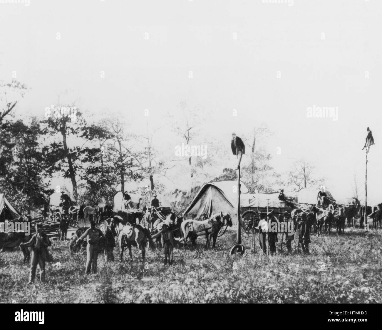 Telegraph construction camp during American Civil War 1861-1865 Photograph taken in the field Stock Photo