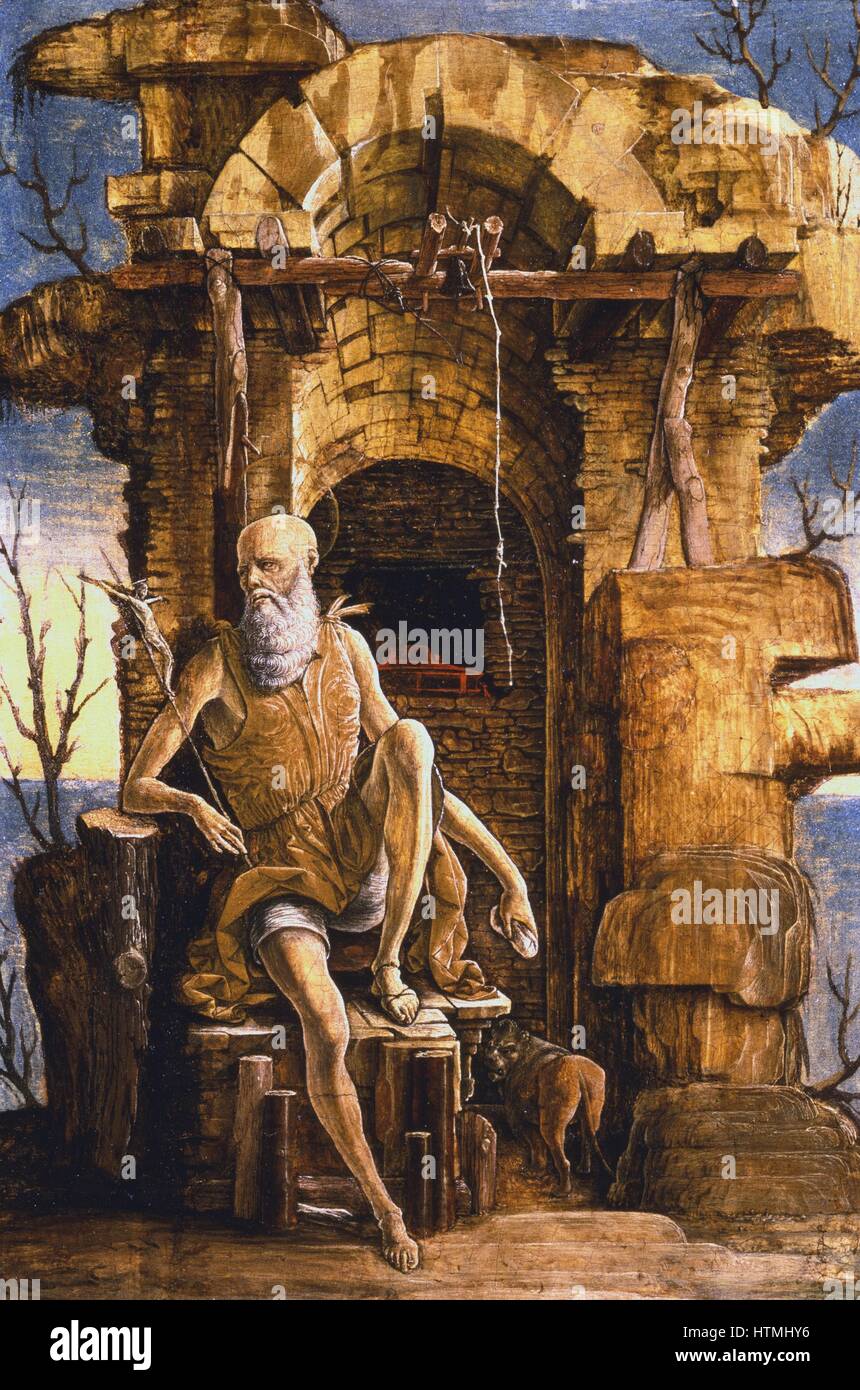 School of Roberti (c1450/6) 'Jerome in the desert' Temperar on wood. St Jerome (c.340-420), a father of Western Church and compile of the Vulgate. His lion is at bottom left, and his cardinal's hat is in niche behind his shoulder. Private collection Stock Photo
