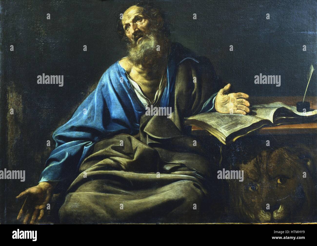 Valentin DE BOULOGNE (1591-1632). St Mark the Evangelist. From under the table St Mark's symbol, the lion, looks out. is Oil on canvas. Private collection Stock Photo