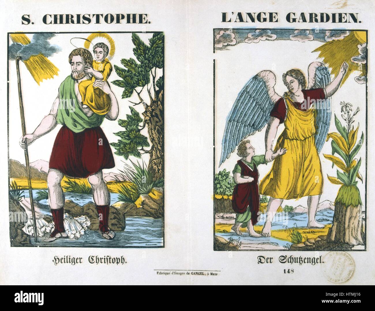 St Christopher, the legendary giant, carrying Christ across the river. Christopher means Christ bearer, the river was Death (left). A guardian angel (right) 19th century Stock Photo