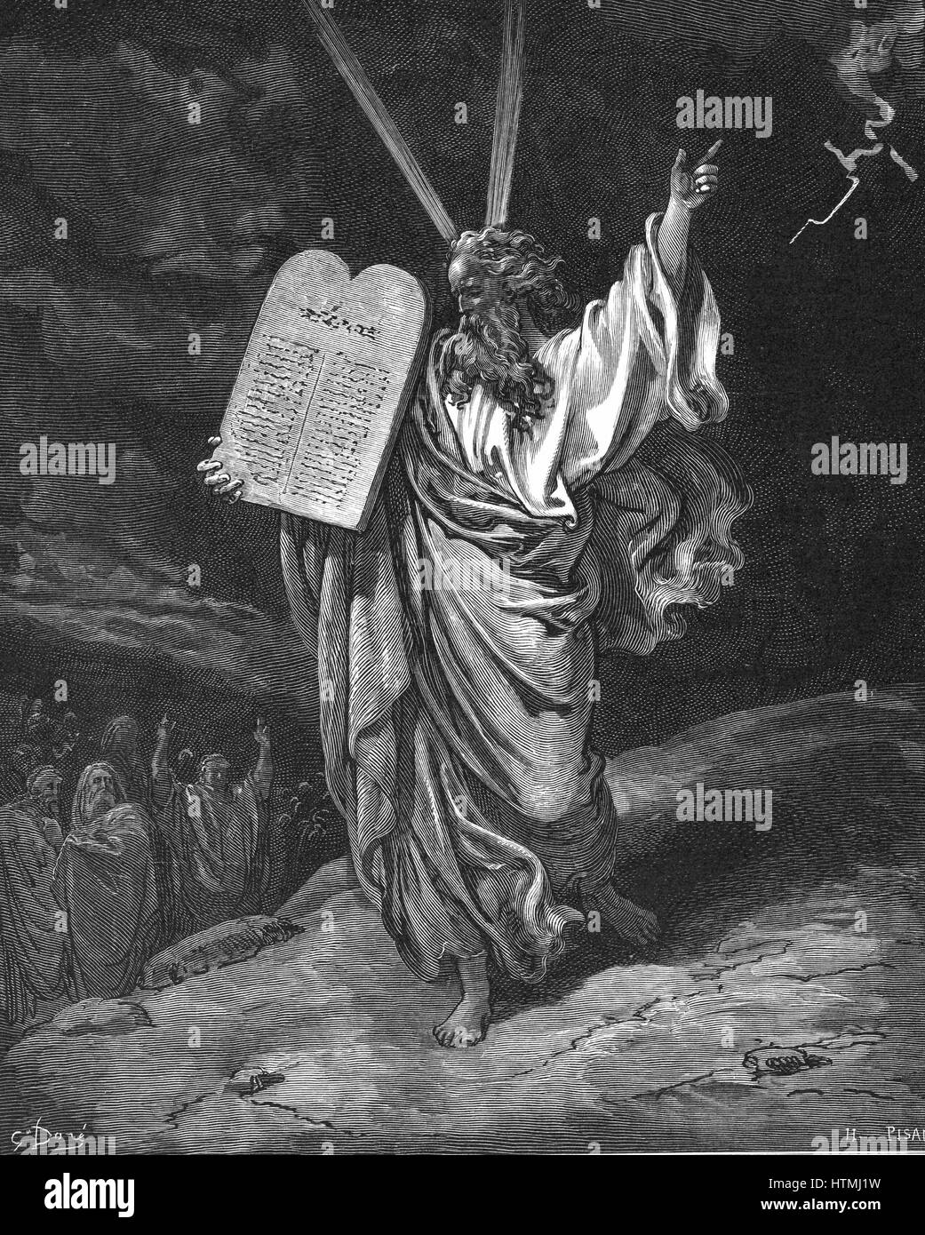 Moses descending from Mount Sinai with the tablets of the law (Ten Commandments). Exodus 5.35. Illustration by Gustave Dore (1832-1883) for 'The Bible' (London 1866). Wood engraving. Stock Photo