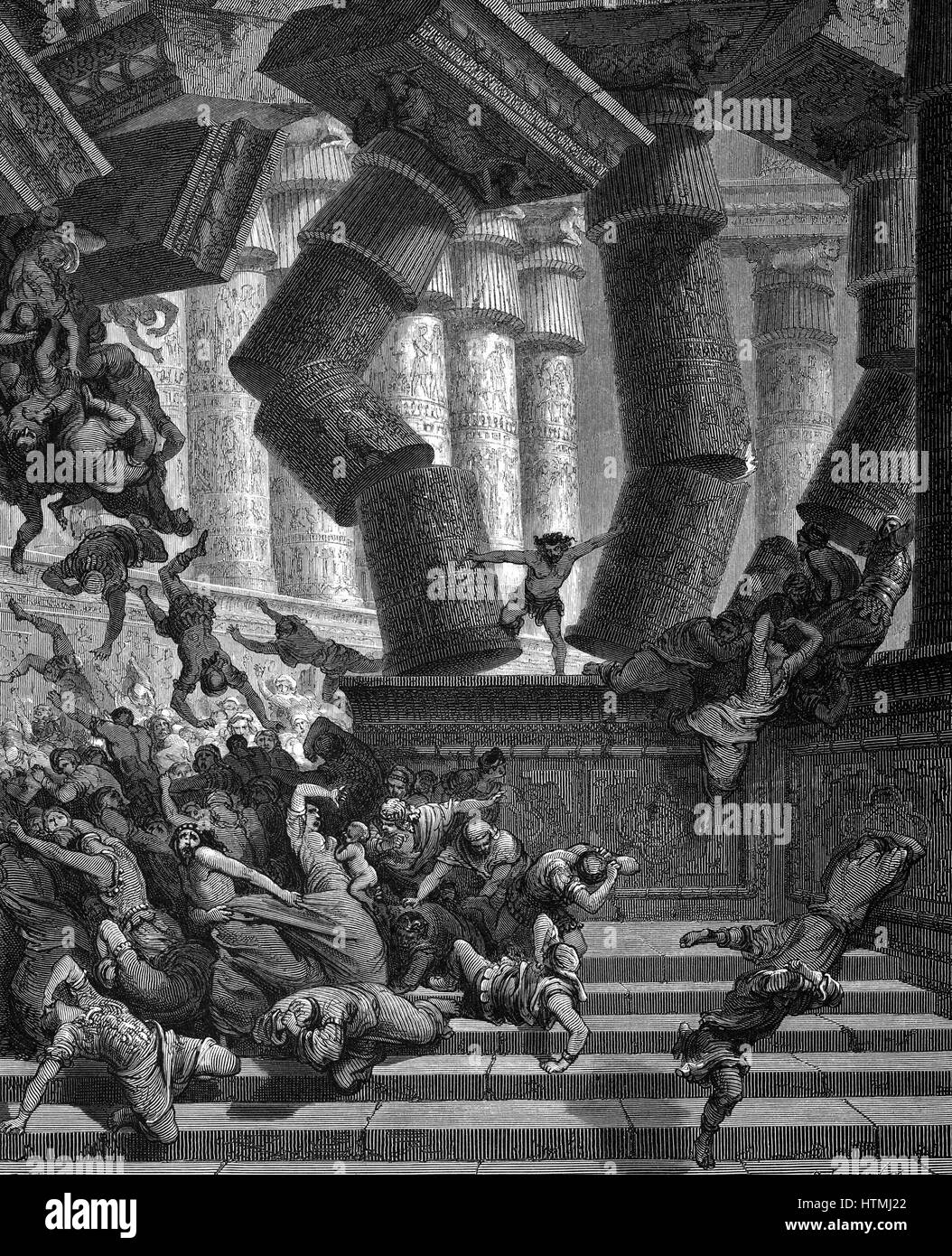 Samson, Israelite hero, betrayed by Delilah, taken prisoner and blinded by Phillistines, regains his strength and brings the Temple of Dagon crashing down. Judges. Illustration Gustave Dore (1832-1883) French painter and illustrator for 'The Bible' (Lond Stock Photo