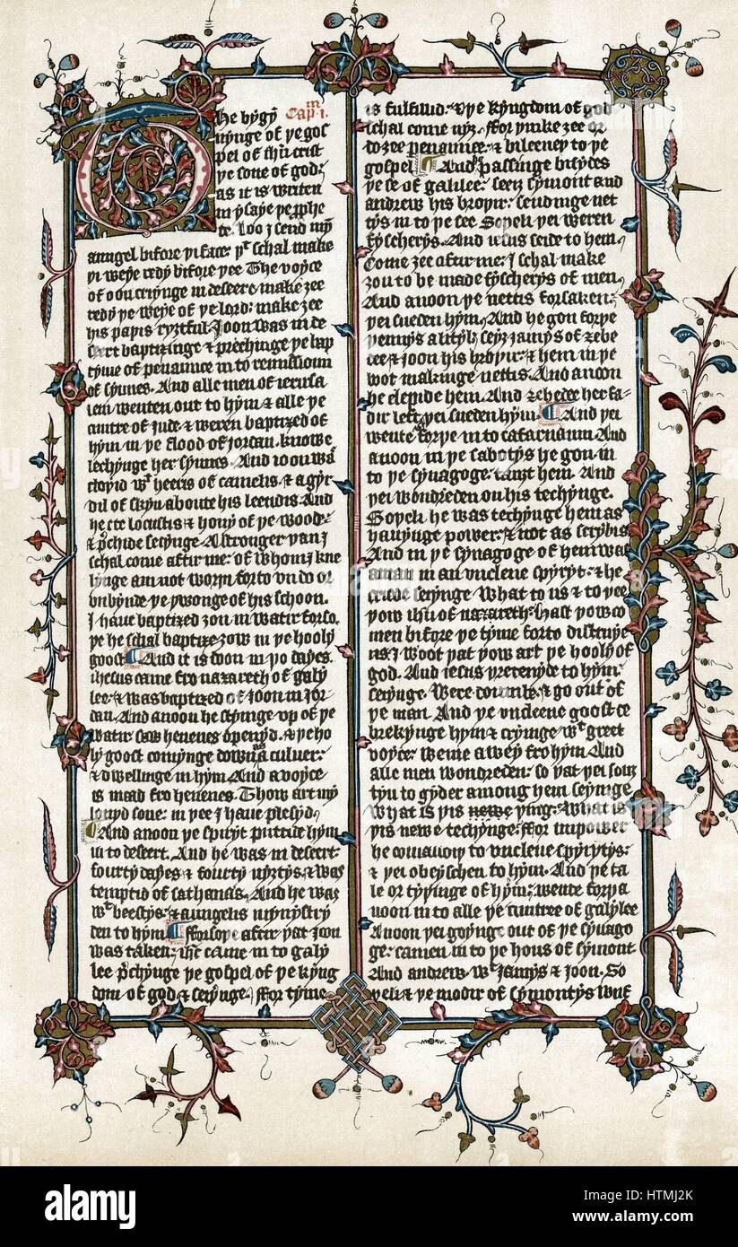 Page from Wycliffe's translation of the 'Bible' into English c1400. 'The bygynynge of ye gospel of Jesus Christ ye sone of God' St Mark's gospel. John Wycliffe (c1329-84) English religious reformer. After Egerton manuscript Stock Photo