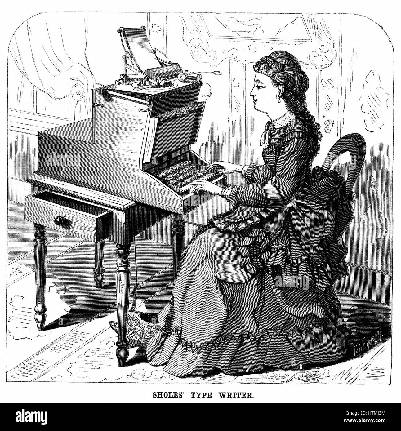 Woman using typewriter by American inventor Christopher Latham Sholes (1819-1890). Forerunner of 20th century machine, keys had piano action and carriage moved one space to left for each character struck and keyboard had Qwerty layout. Sholes sold out t Stock Photo