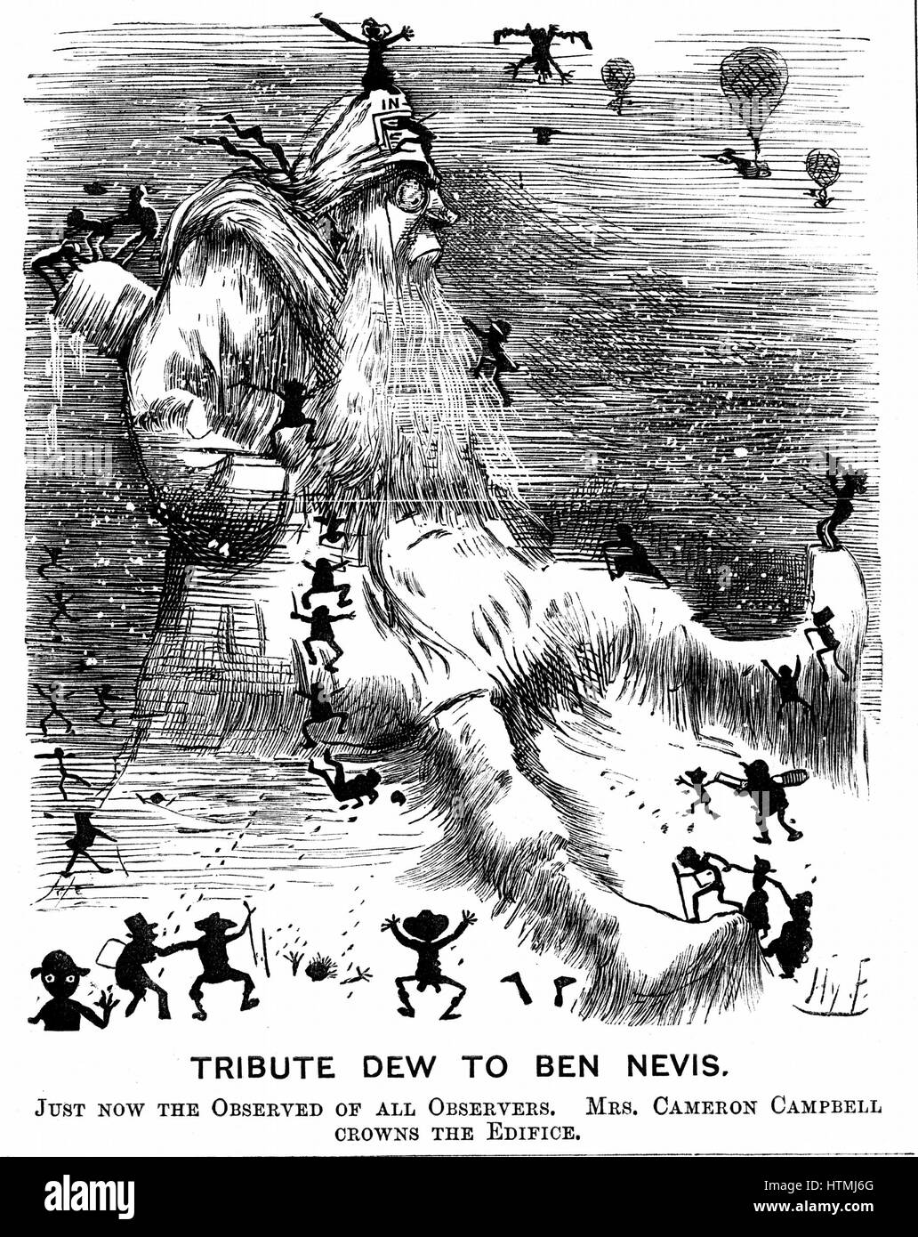 Meteorological observatory on Ben Nevis, Scotland. Cartoon by Harry Furniss (1854-1925) marking its opening. From 'Punch' (London 27 October 1883). Wood engraving. Stock Photo