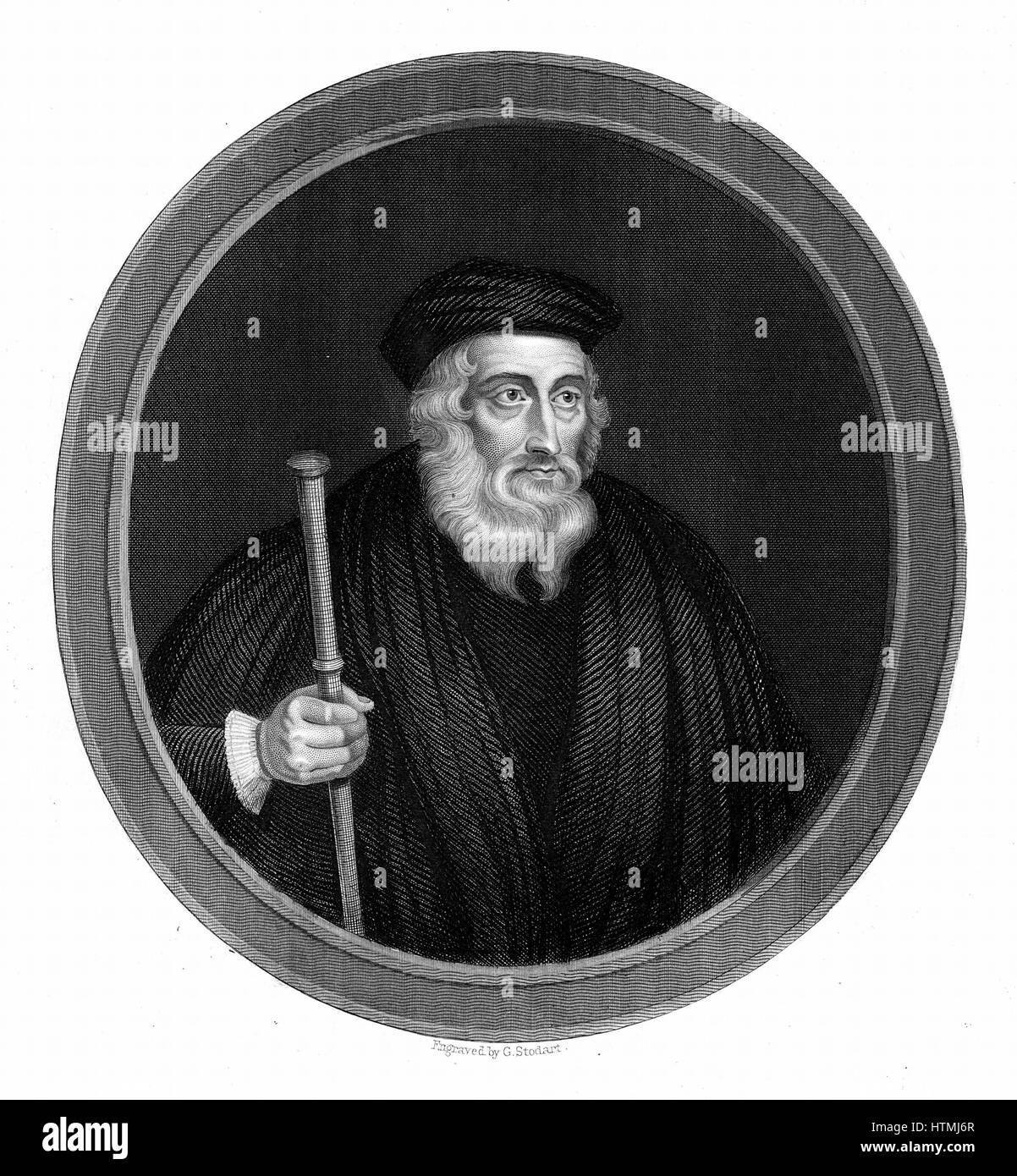 John Wycliffe (c13291384) English religious reformer. Leader of the Lollards (Mumblers). Questioned doctrine of transubstantiation. Organised translation of Bible into English. Precursor of Protestant Reformation. Engraving 1851. Stock Photo