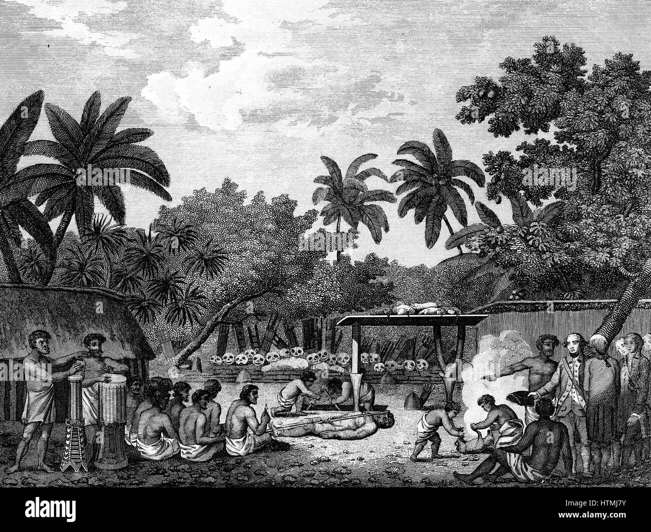 James Cook (1728-79) English navigator, witnessing human sacrifice in Taihiti (Otaheite) c1773 during his second Pacific voyage 1772-1775. Engraving from 1815 edition of Cook's 'Voyages'. Stock Photo