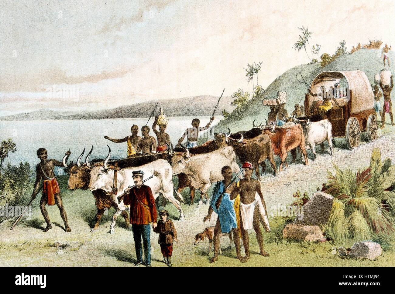 David Livingstone (1813-1873) Scottish missionary and African explorer. Centre front, holding child's hand, with attendants and ox wagon arriving at Lake Ngami. From 'The Life and Explorations of David Livingstone' (London c1878). Chromolithograph. Colou Stock Photo