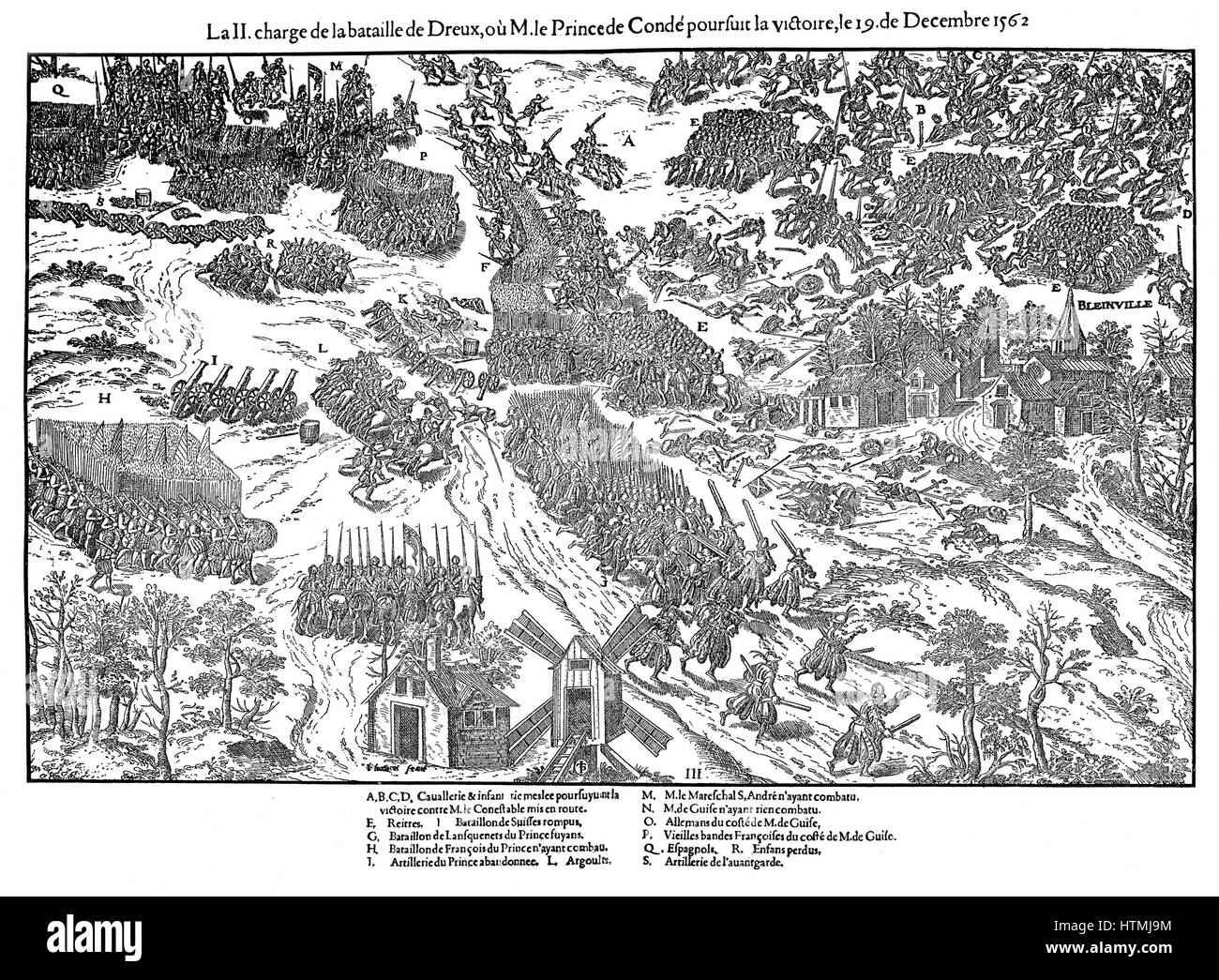 French Religious Wars 1562-1598. Second charge at the battle of Dreux, 19 December 1562. Constable of France, Anne de Montmorency (1493-1567) leader of the Catholic forces and Louis, Prince de Conde (1530-1569) both taken prisoner. Very heavy casualties Stock Photo