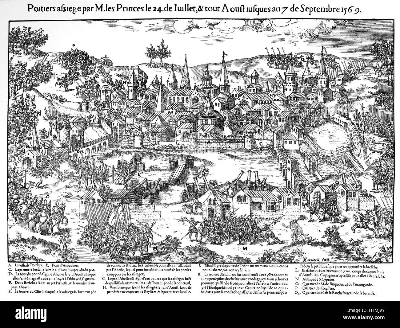 French Religious Wars 1562-1598. Siege of Poitiers 24 July-7 September 1569. Huguenots under Gaspard de Coligny (1519-1572) besieged the city but the defenders held them off with the aid of heavy artillery and a small troop of cavalry, and by flooding me Stock Photo