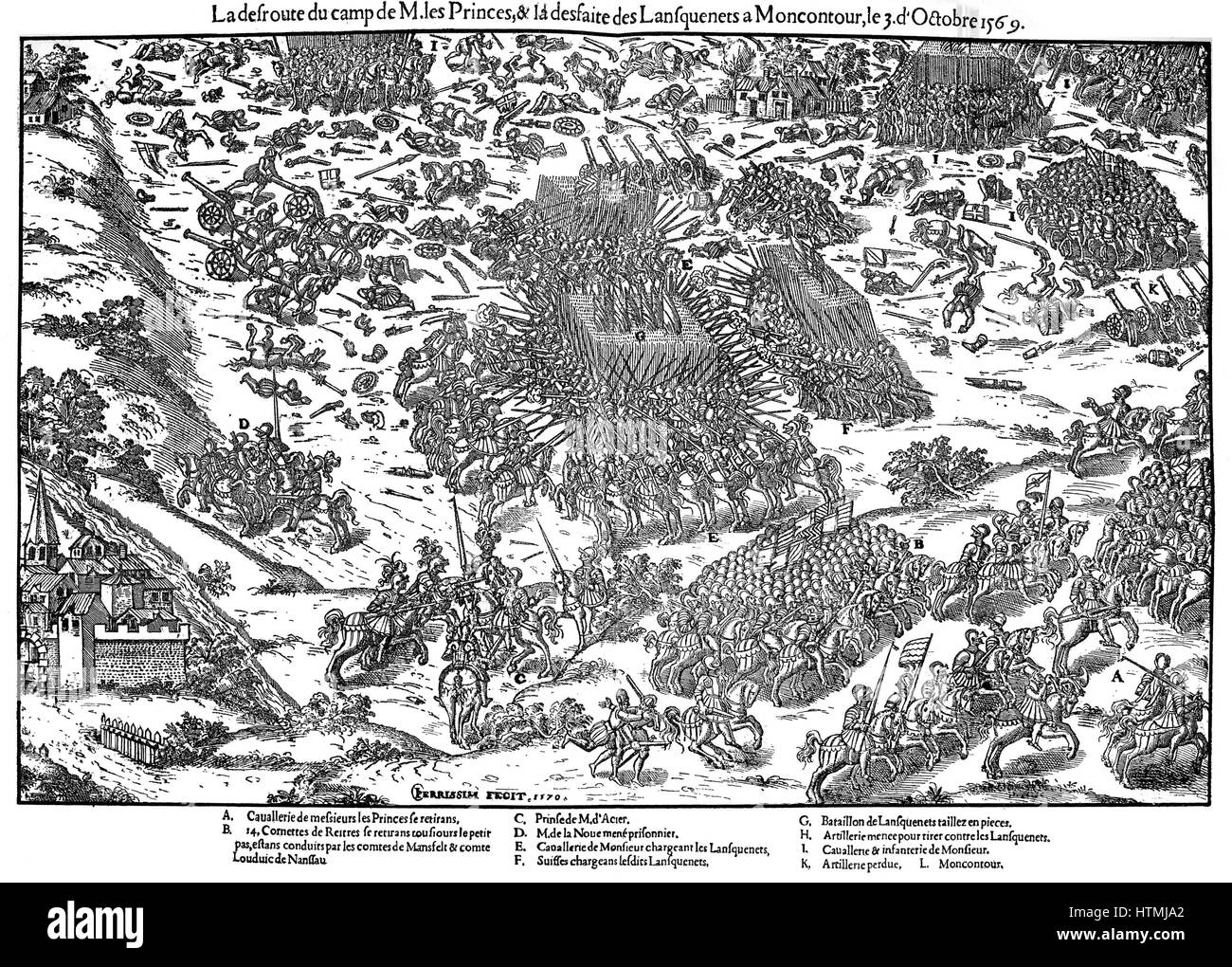 French Religious Wars 1562-1598. Battle of Montcontour 3 October 1569. Huguenots under Gaspard Coligny (1519-1572) took heavy losses during defeat by Catholics under Henry, duc d'Anjou (1551-1580), Henry III of France from 1574. In right foreground, Hugu Stock Photo