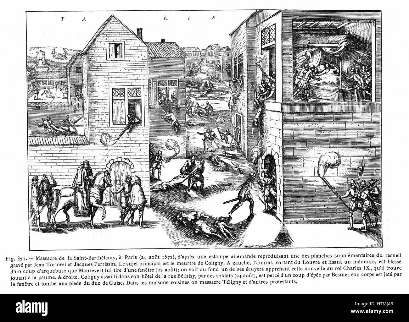 French Religious Wars 1562-1598. Massacre of St Bartholemew, Paris, 24 Aug 1572. Huguenot leader Gaspard de Coligny (1519-1572) wounded by shot fired from window, 22 Aug, left. Right, assassinated in bed, body tossed from window. Charles IX (1550-1574) K Stock Photo