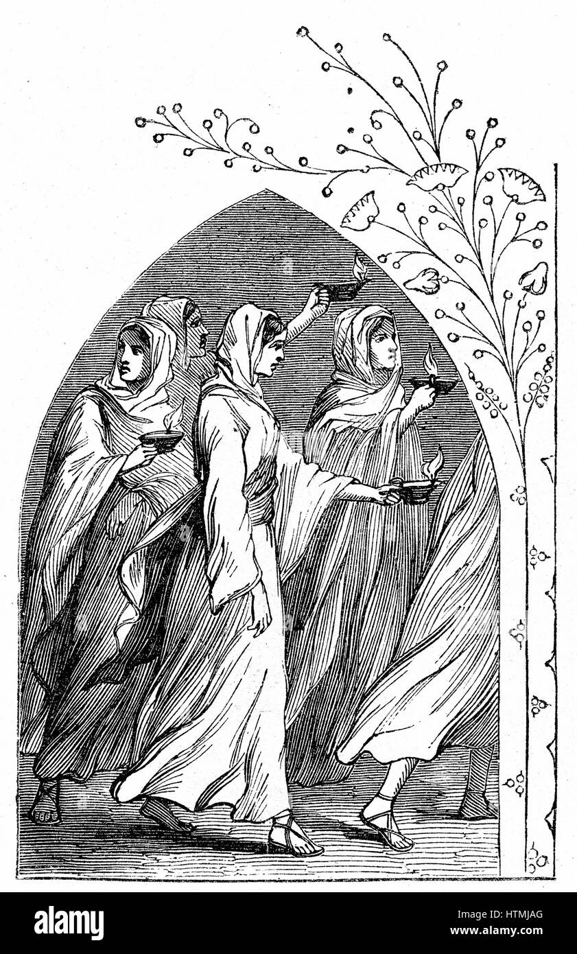 The Wise Virgins going to meet the bridegroom, their lamps shining