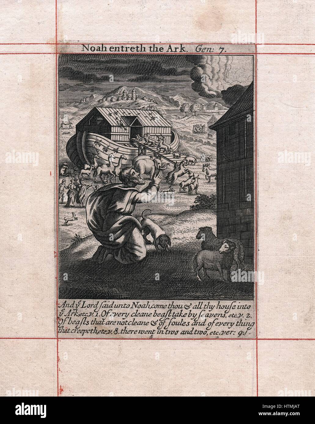 Noah's Ark - the animals going in two by two. God saving the chosen from flood sent as punishment to the masses. 'Bible' Genesis 7. Some climatologists suggest flood on which legend is based was caused by global warming. Copperplate engraving of 1716 Stock Photo