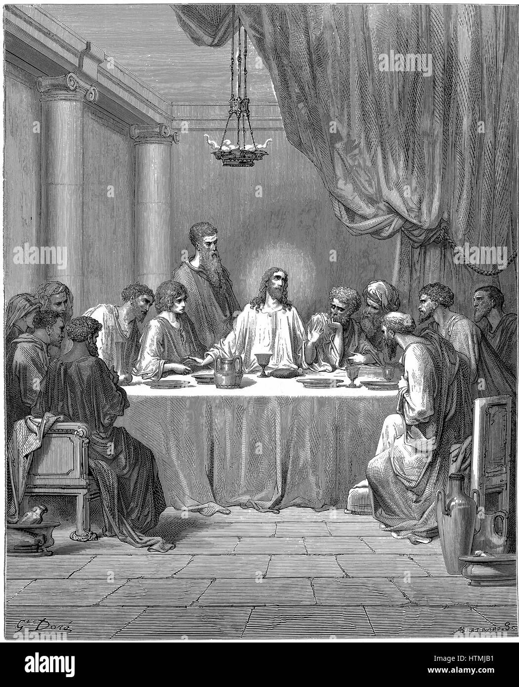 Jesus and his disciples at the Last Supper. Mark 14:22. From Gustave Dore 'Bible', 1866. Wood engraving Stock Photo