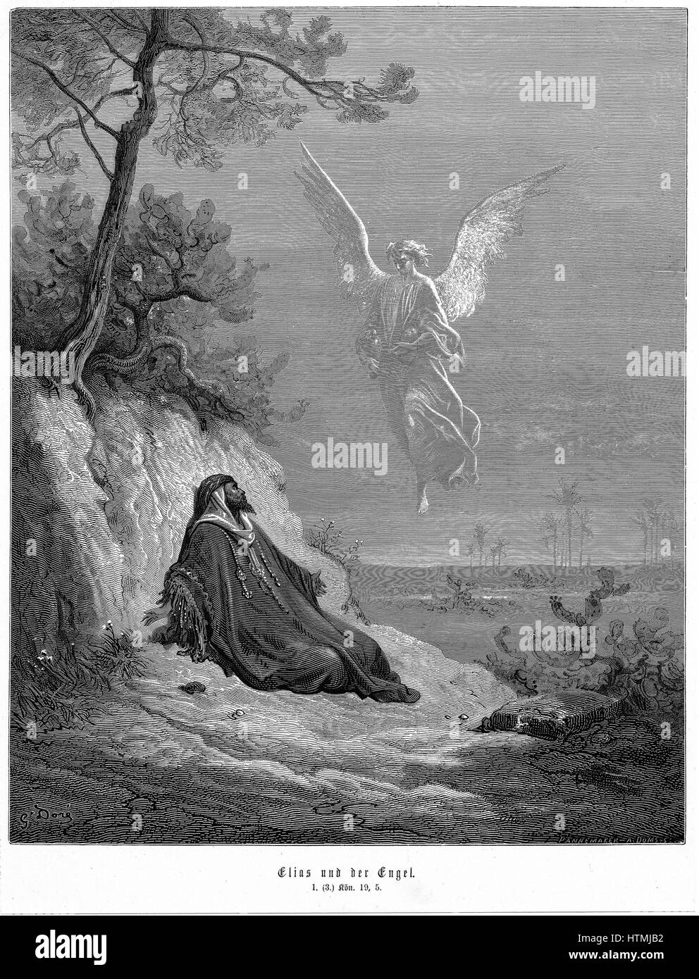Elijah goes into wilderness and asks to die, but angel comes and bids him 'Arise and eat'. Bible 1 Kings 19.5. From Gustave Dore 'Bible' 1865-6. Wood engraving Stock Photo
