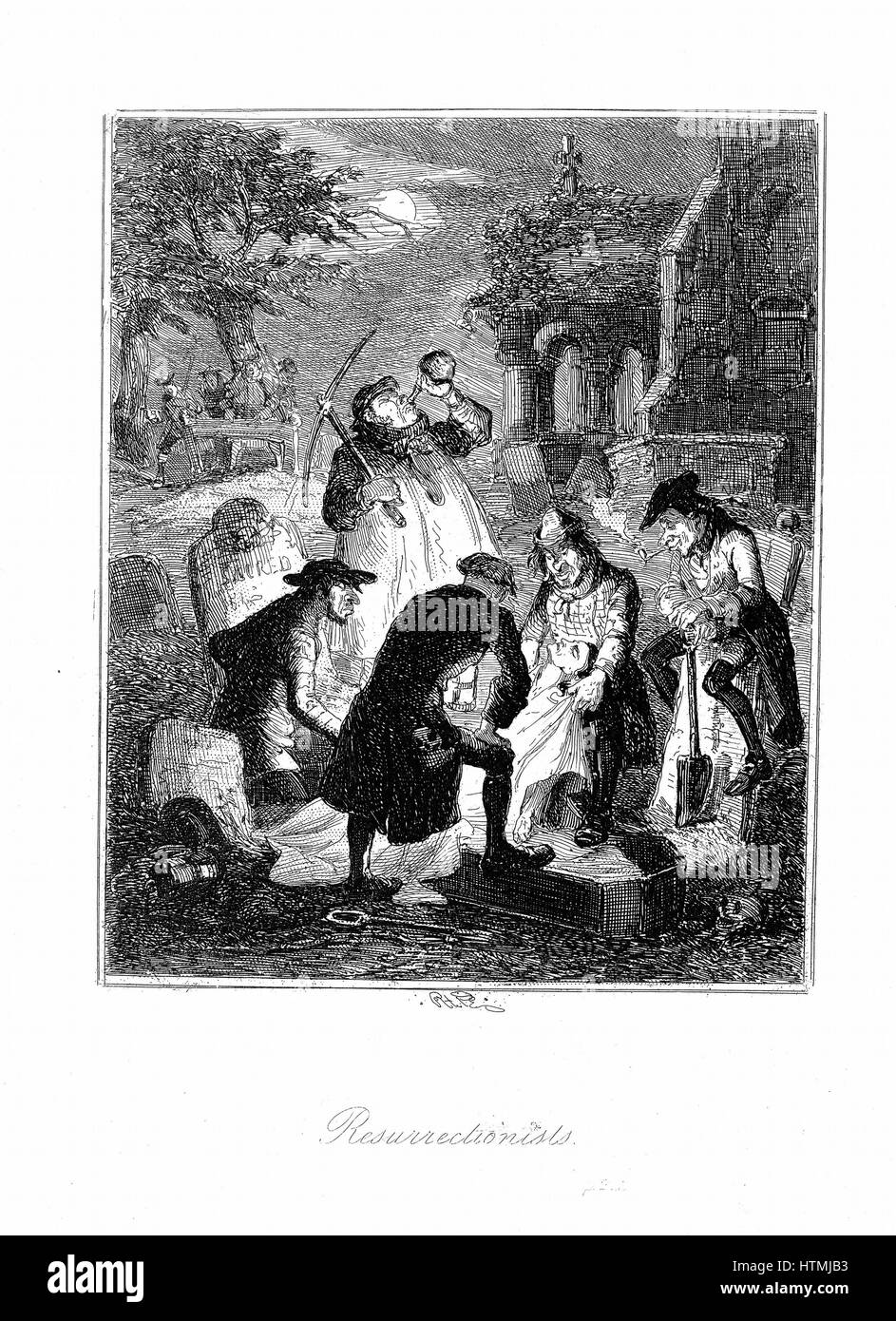 Resurrectionists or Body Snatchers raiding cemetery to provide a cadaver for dissection. Illustration by 'Phiz' (Hablot K Browne) from Camden Pelham 'The Chronicles of Crime', London, 1887. Stock Photo