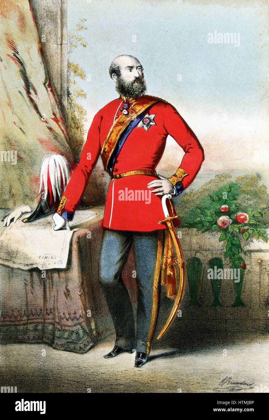 George William Frederick Charles, 2nd Duke of Cambridge, cousin of Queen Victoria. Commanded division in Crimea 1854. Field Marshal 1862, C-in-C British army. Lithograph from cover of music of 'The Soldier's Polka' showing his hand on map of Crimea. c1850 Stock Photo