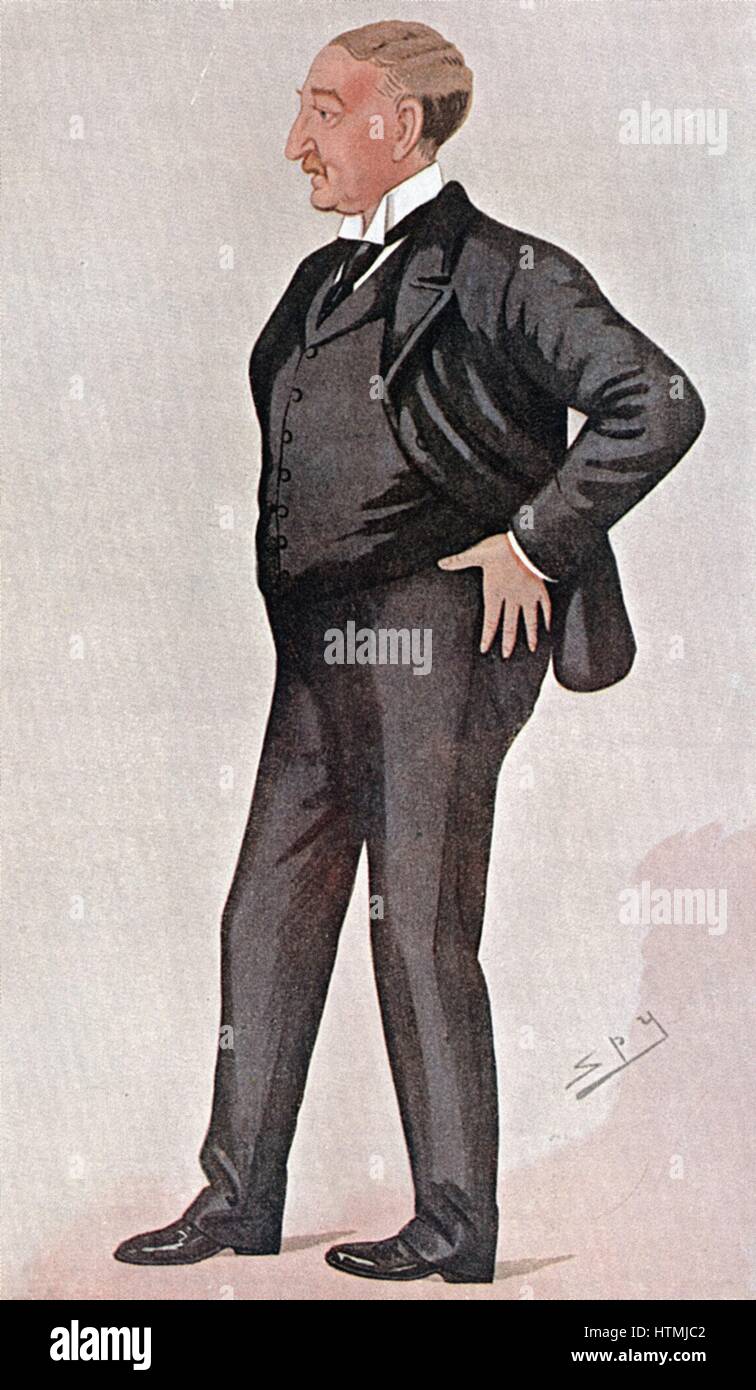 Cecil Rhodes (1853-1902) British-born South African prime minister, empire builder, financier and statesman. South African gold fields: Kimberley diamond mines. After 'The Cape' cartoon by 'Spy' (Leslie Ward) for 'Vanity Fair', 1891. Colour Stock Photo