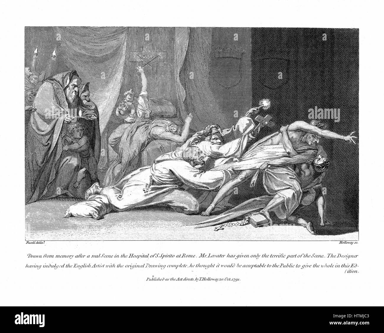 Attempt to exorcise evil spirits possessing patient in San Spirito Hospital, Rome. Illustration by Fuseli based on Lavater's description. From Lavater 'Essays on Physiognomy', London, 1792. Engraving. Stock Photo