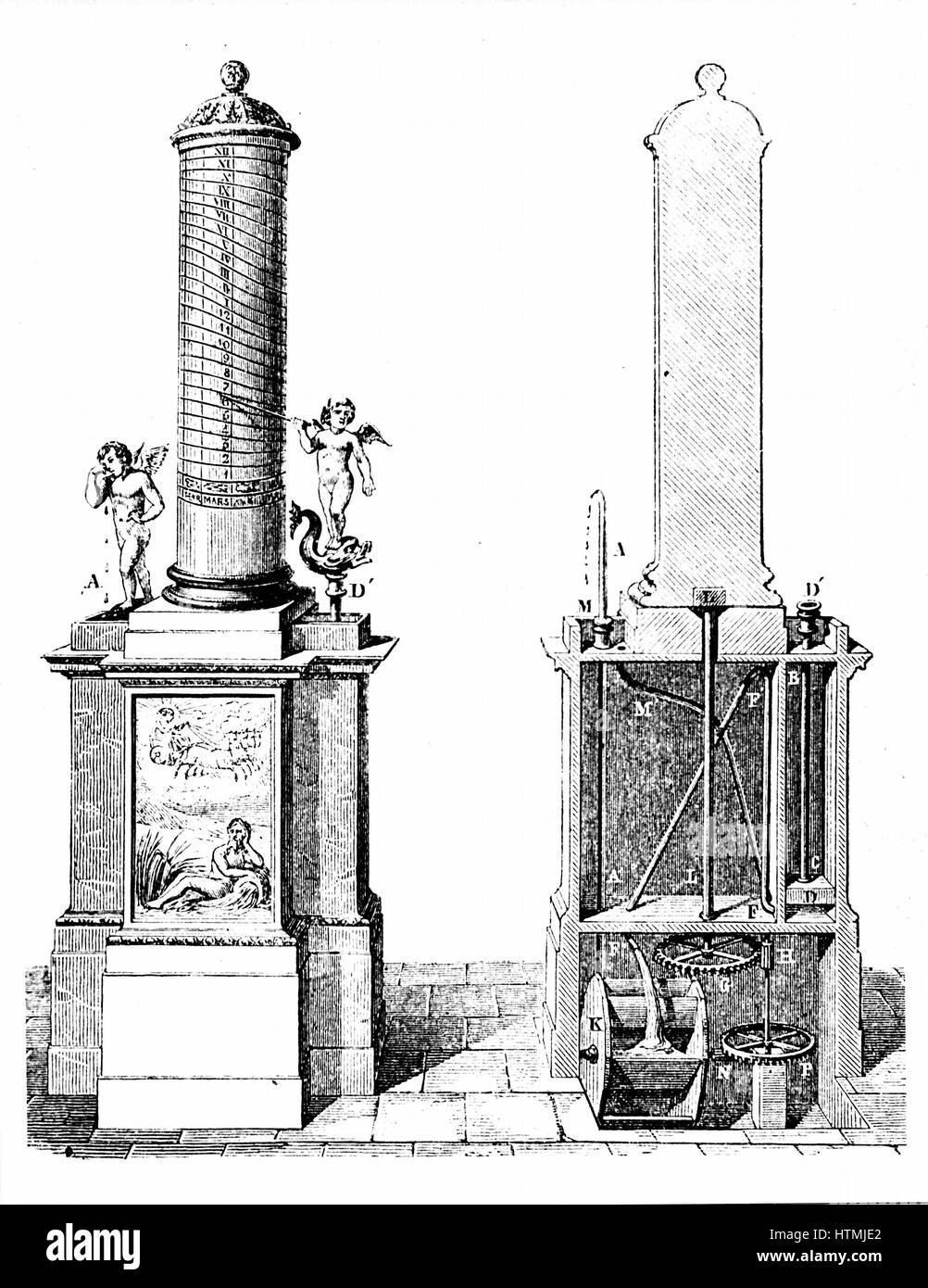 Reconstruction of Ctesibius of Alexandria's (fl270 BC) clepsydra (water clock). Engraving 1857 Stock Photo