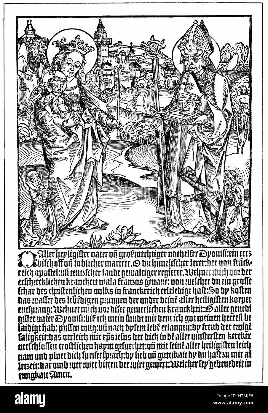 St Dionysius (Denis) praying to the Virgin and Child for help to overcome the curse of Syphilis. Early woodcut from flysheet published Regensberg. German publication refers to it as the French disease. Italian-born patron saint of Paris and its first bish Stock Photo
