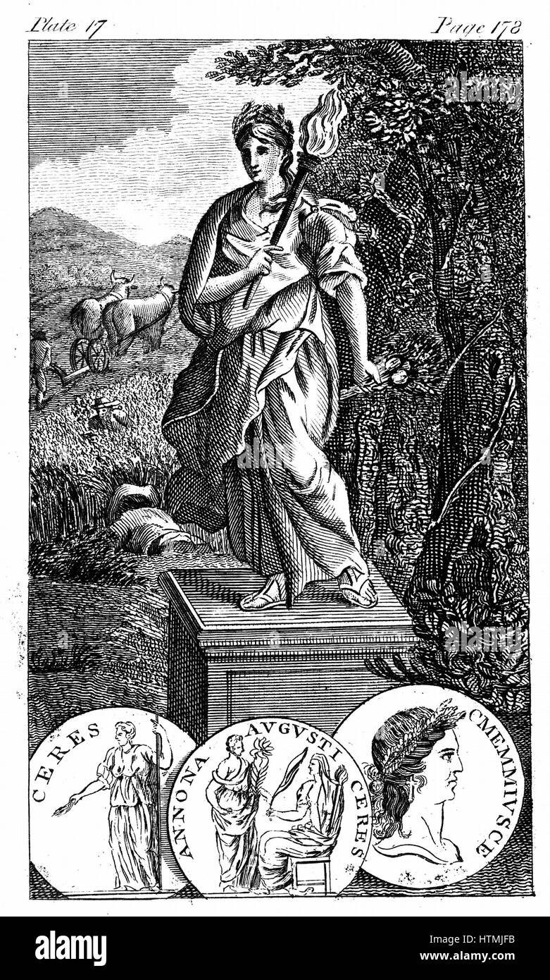 Ceres - Roman goddess of agriculture and corn (Greek Demeter), mother of Persephone/Proserpine. Copperplate engraving Stock Photo
