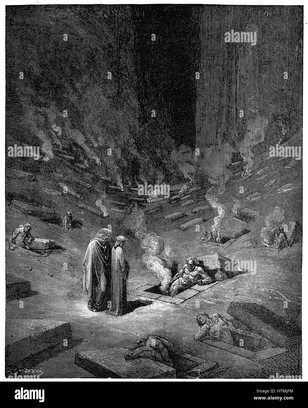 Hell: the city of Dis, Roman god of the underworld. Sinners burning in Hell 'Their lids suspended; and beneath,/ From them forth issued lamentable means' Canto X. Gustave Dore's illustrated Dante' Inferno', 1863. Wood engraving Stock Photo