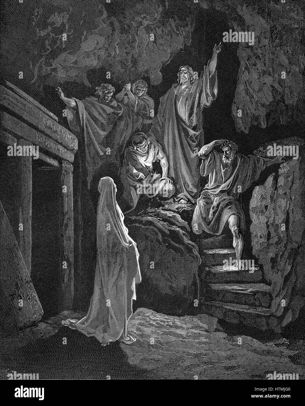 Jesus raising Lazarus from his tomb. John 2:43 From Gustave Dore illustrated 'Bible' 1865-66. Wood engraving Stock Photo