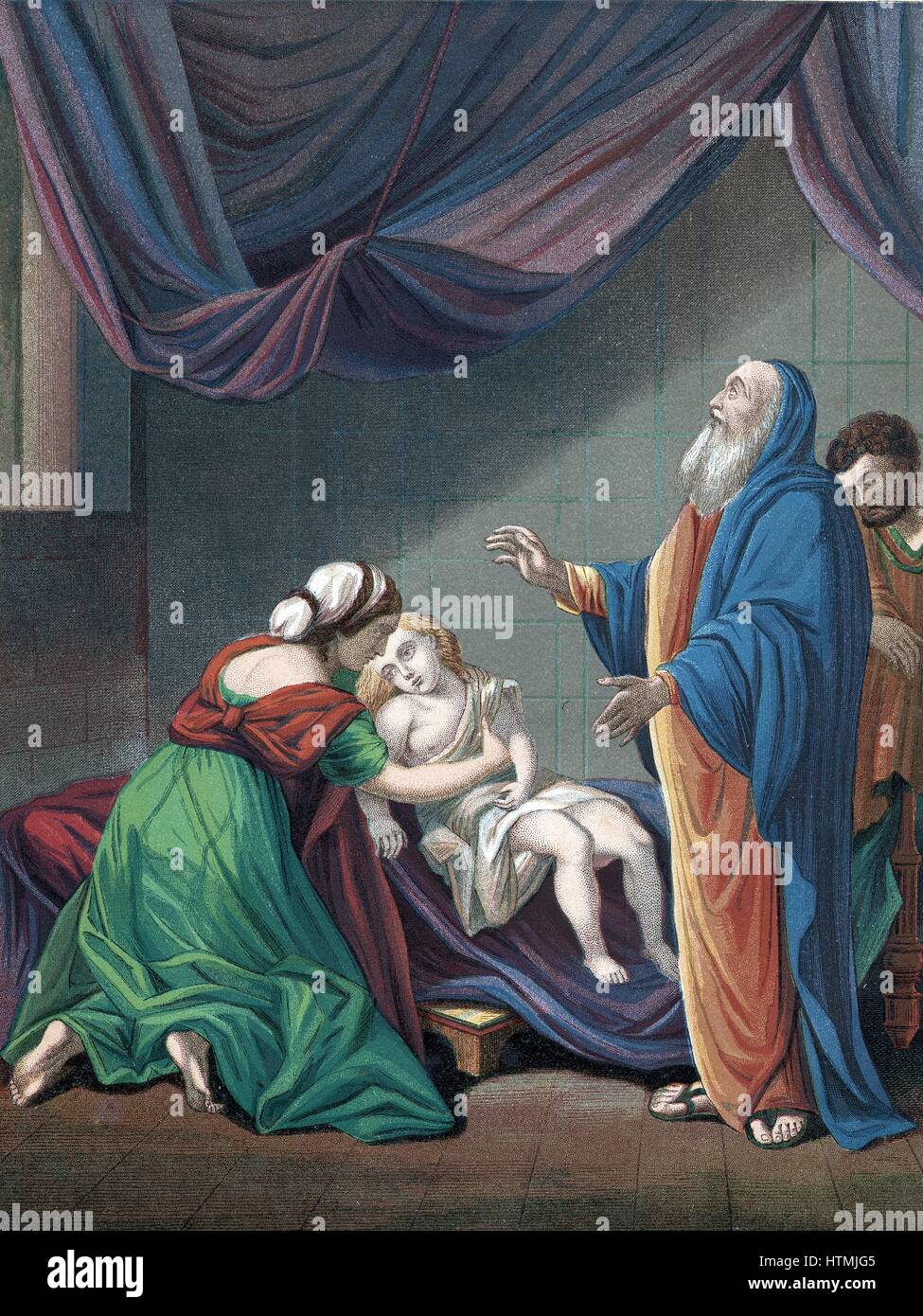 Elijah, Old Testament prophet, raising the widow's son from apparent death. 'Bible' 1 Kings 17. Coloured lithograph c1860 Stock Photo