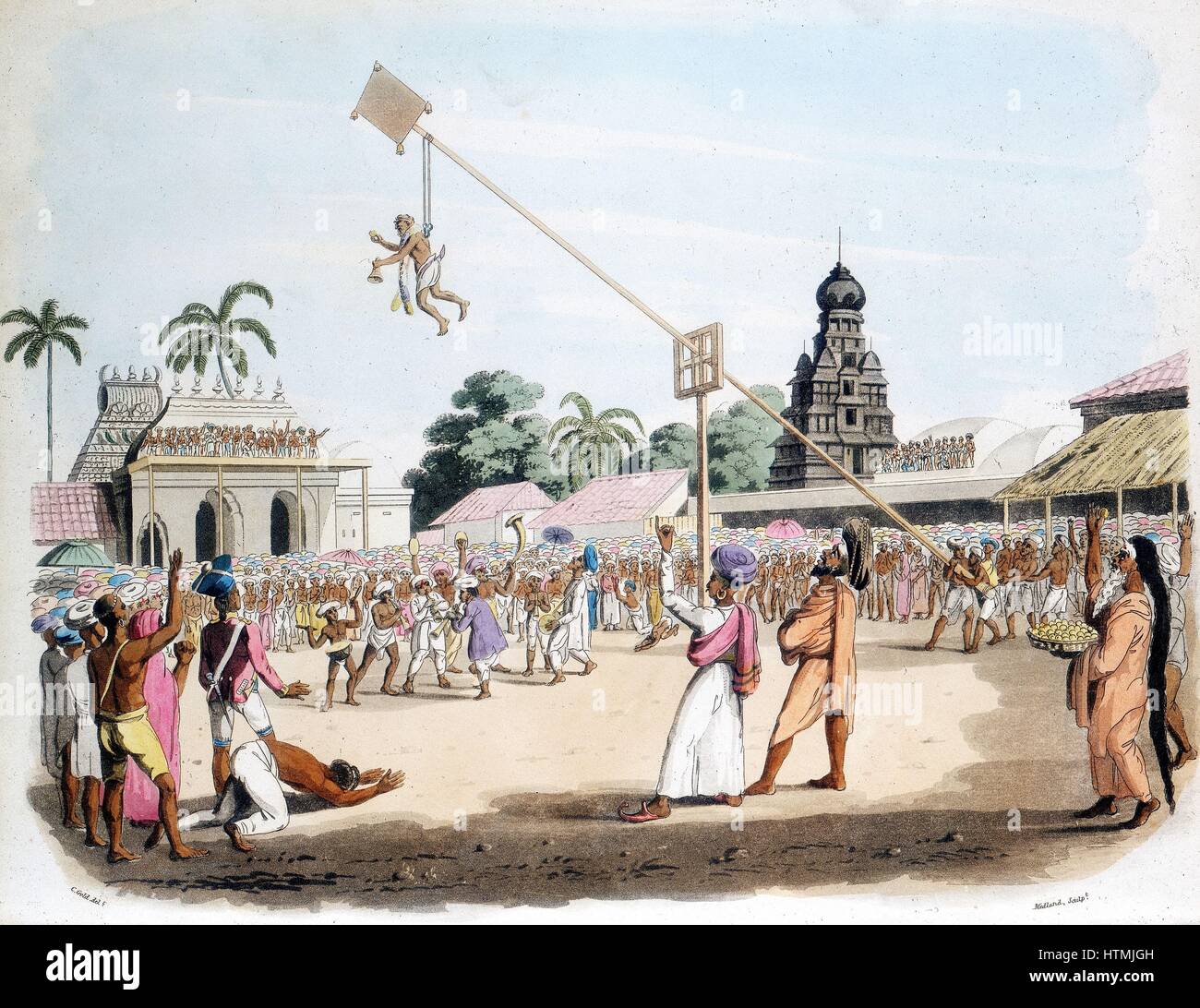 Man suspended by hooks, swung through air at ceremony honouring Mariatale, goddess of Smallpox at her temple at Negapattam, Southern India. Maritale was mother of Parasurama (Vishnu's 6th Avatar or incarnation) From Charles Gold 'Oriental Drawings' London Stock Photo