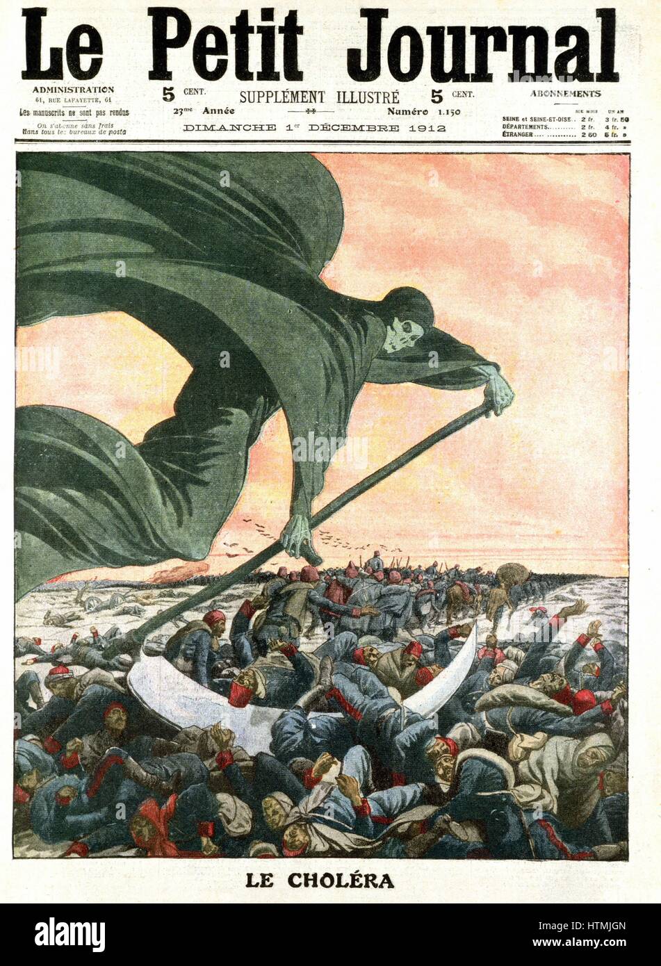 Death, the grim reaper. Turkish army defeated by Cholera, not enemy, approaching Luleburgaz in disorder: 100 deaths per day. Illustration from 'Le Petit Journal', Paris, 1 December 1912. First Balkan War 1912-13: Balkan League (Bulgaria, Serbia, Greece, Montenegro) against Turkey. Stock Photo