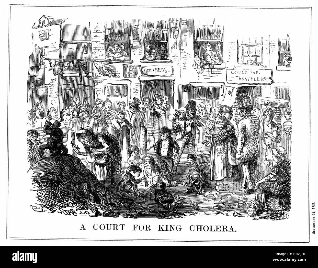 'A Court for King Cholera' typical of crowded, unsanitary conditions in London slums. Cartoon from 'Punch' London 25 September 1852. Wood engraving Stock Photo