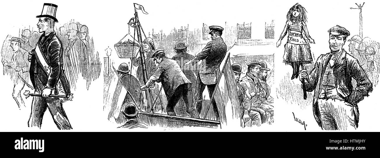 London Dockers' Strike, September 1889. Among the aims was establishment of minimum wage of 6d (2.5 pence per hour) but it failed. Scenes along the striker's procession. The Leader: The 'Coalies' car: The Poor Dockers' Baby Stock Photo