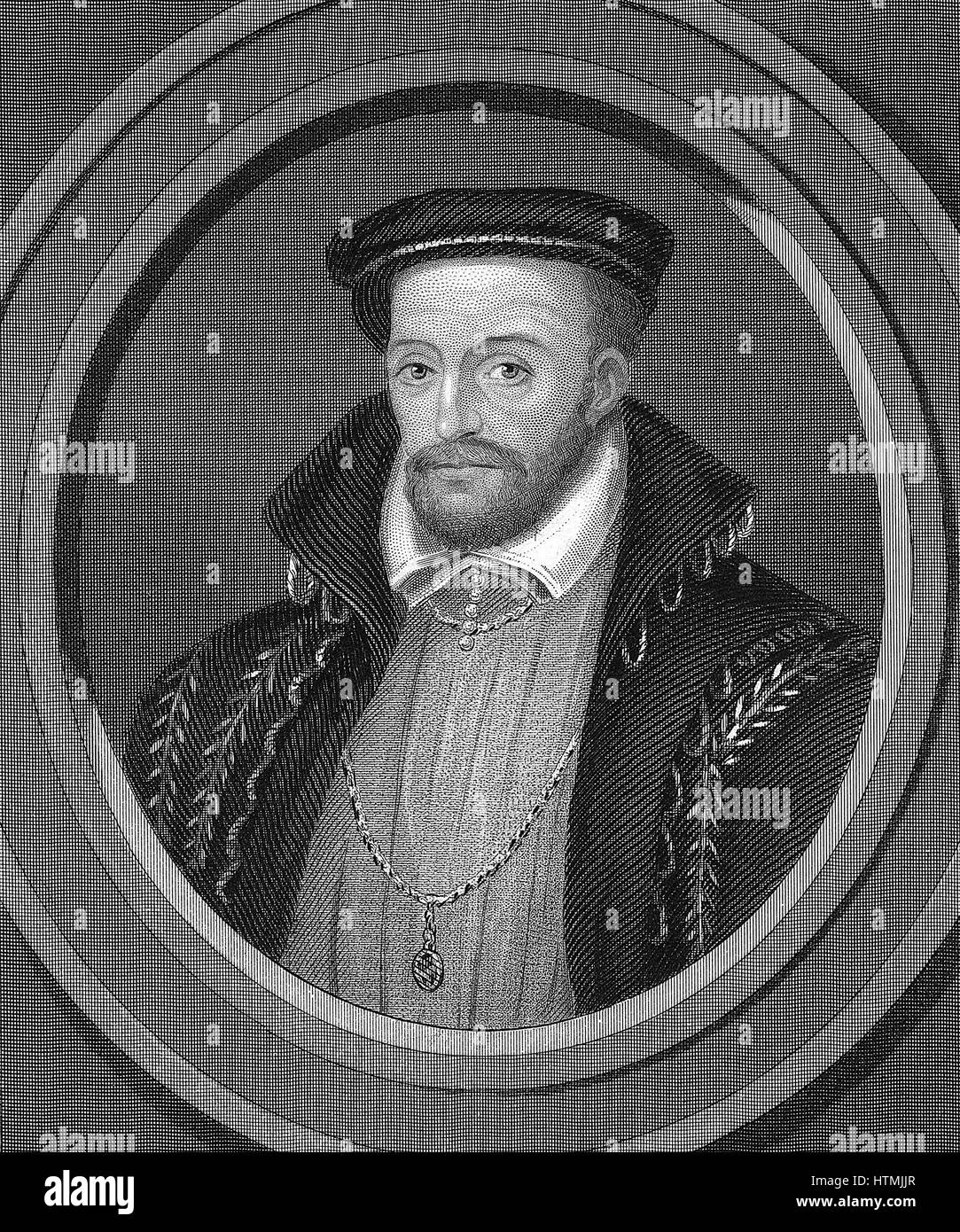 Gaspard de Coligny or Coligni (1517-72) French Huguenot Admiral. Killed in his room in presence of Duc de Guise in Massacre of St Bartholemew, 23 August 1572. Steel engraving 1851 Stock Photo