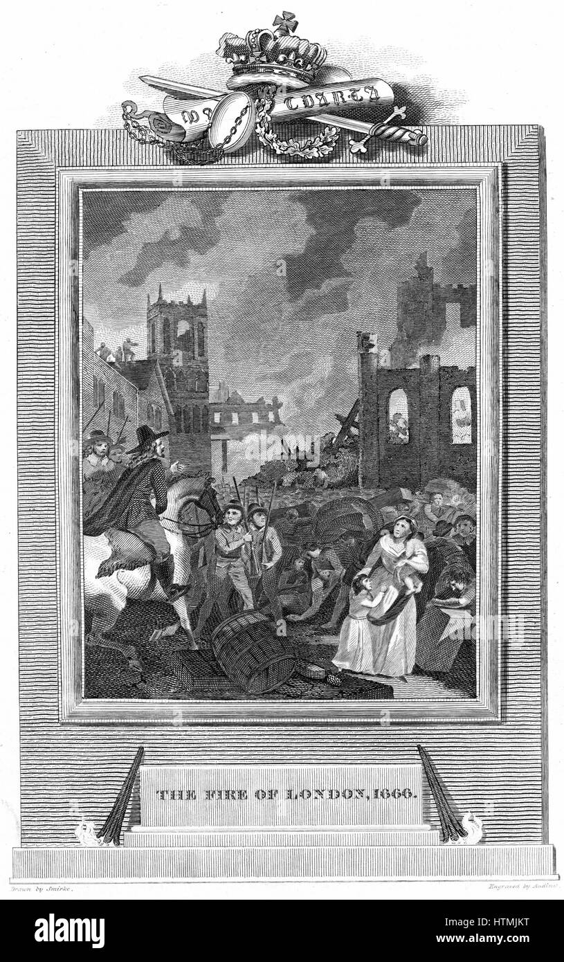 Fire of London - 1666. Charles II and Duke of York's party examining the scene. Copperplate engraving 1825 Stock Photo